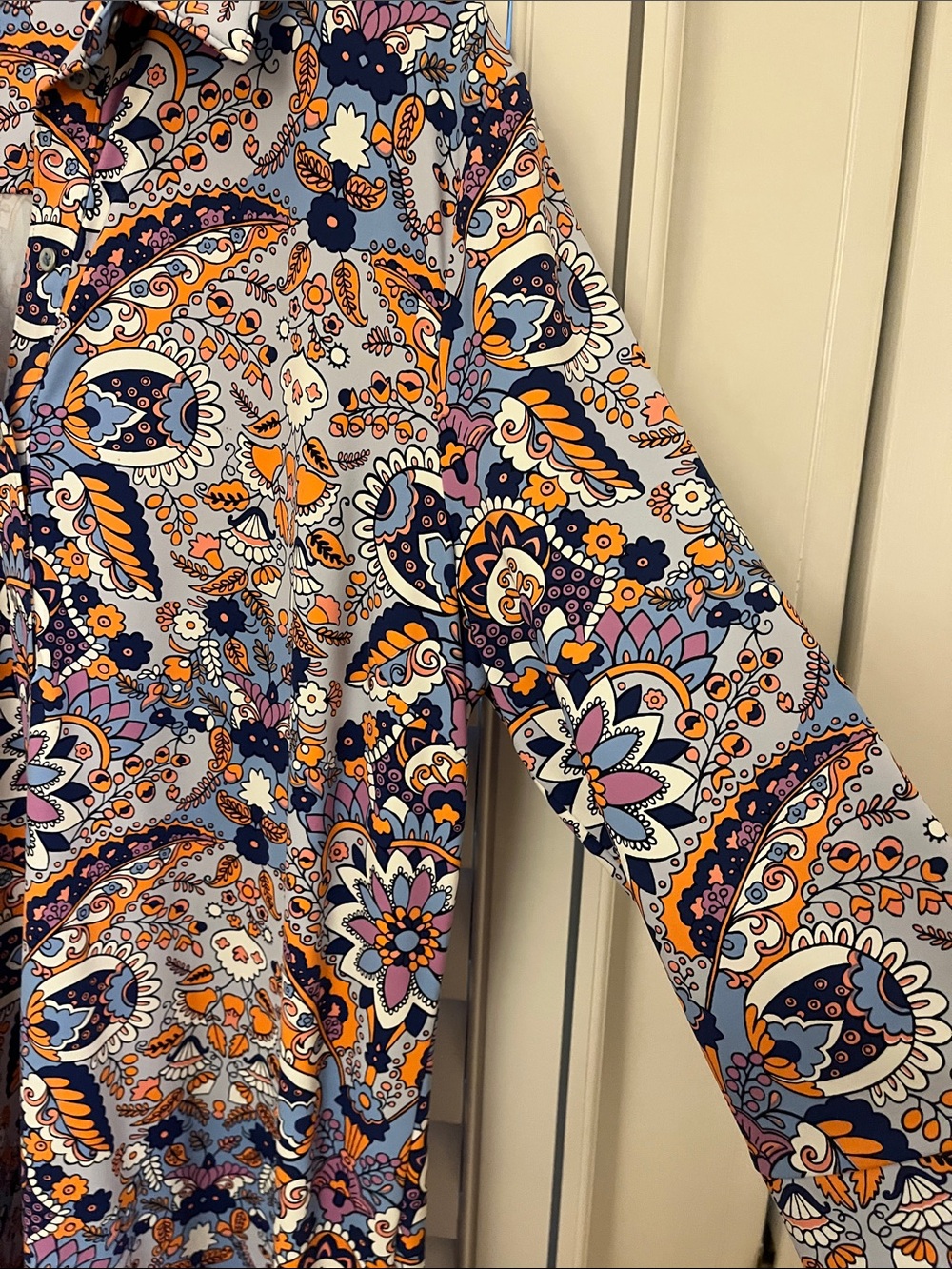 Talbots Paisley Button-Front Tunic in Light Blue, Orange & Purple Stretchy XLP - Picture 4 of 10